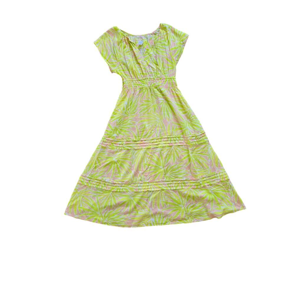 Sigrid‎ Olsen Linen Blend Tropical Palm Leaf Maxi V-Neck Vacation Dress Small